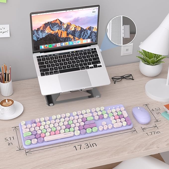 UBOTIE Colorful Wireless Keyboard and Mouse Combo (Purple-Colorful) | Retro Typewriter Floating Full-Sized Keys Computer Keyboard with Optical Mouse, 2.4GHz USB Connection for Windows Mac - Image 6