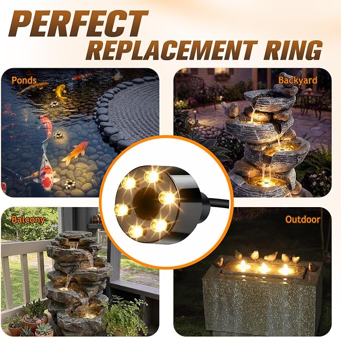 12V Submersible LED Fountain Light Ring, Warm White, 1 Pack | 6 LED Underwater Fountain Lights, 1/2" Water Hose Adapter, 59in Cable for Fountain, Waterfall & Water Features, w/o AC Plug - Image 8