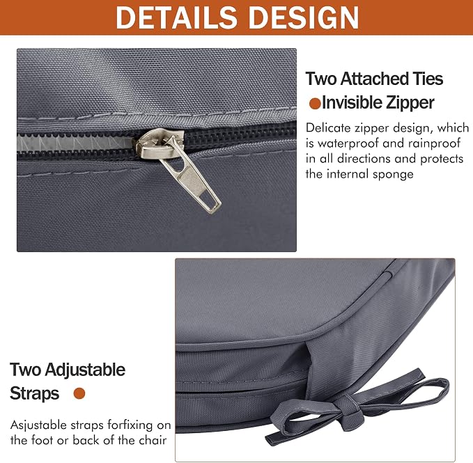 Outdoor Chair Cushions Set of 4, 17 x 16 Inch Waterproof Seat Pads | 3 Year Color Fastness Thick Patio Chair Cushion with Ties for Garden Lawn Sofa Couch, Dark Grey - Image 9