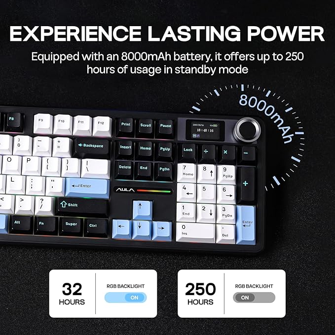 EPOMAKER X Aula F108 PRO Wireless Gaming Keyboard with Screen, 8000mAh Battery, 104 Hot-Swappable and Programmable Keys and Knob, RGB Backlight, for Mac/PC/Android (Blue&White&Black) - Image 5