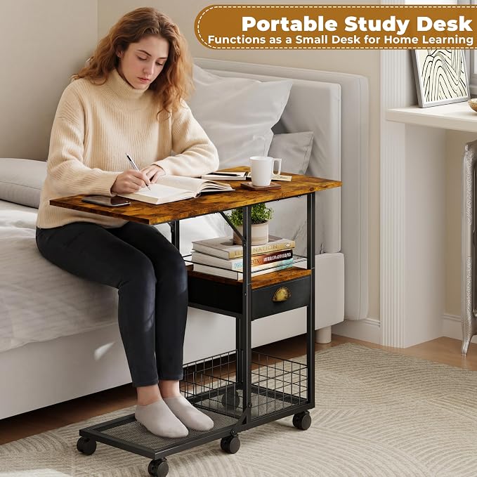 Rolling Coffee Table with Oversized Double-Wide Wood Top, Mobile Tv Tray with Storage Drawer and Wheels for Sofa, Portable Side Table for Living Room, Home Office, Spacious Desk for Working Studying - Image 7