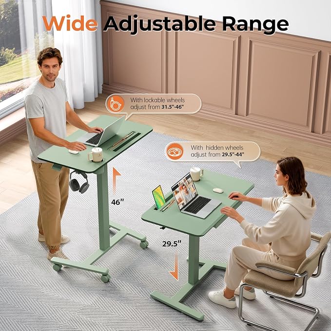 Mobile Standing Desk with Drawer, 35"×20" Small Laptop Desk | Portable Workstation with Cup Holder and Hooks, Height Adjustable Rolling Desk with Wheels, Teacher Classroom Use, Sage Green - Image 3