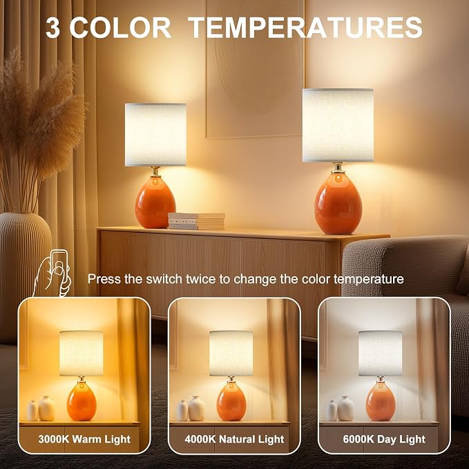 18.5" Ceramic Table Lamps Set of 2 for Living Room Bedroom, Orange | Bedside Lamps for Bedroom Nightstand, Ice Crackle Home Bedroom Living Room Decor, Linen Fabric Shade, 3-Color Temperature - Image 4