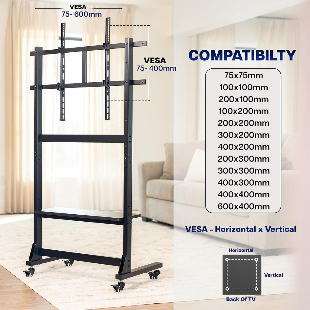 VIVO Heavy Duty 55 to 100 inch Mobile TV Cart, Holds up to 154 lbs, Tall TV Mount with Storage Shelf, Wheels, Black, STAND-TV100F-C - Image 6