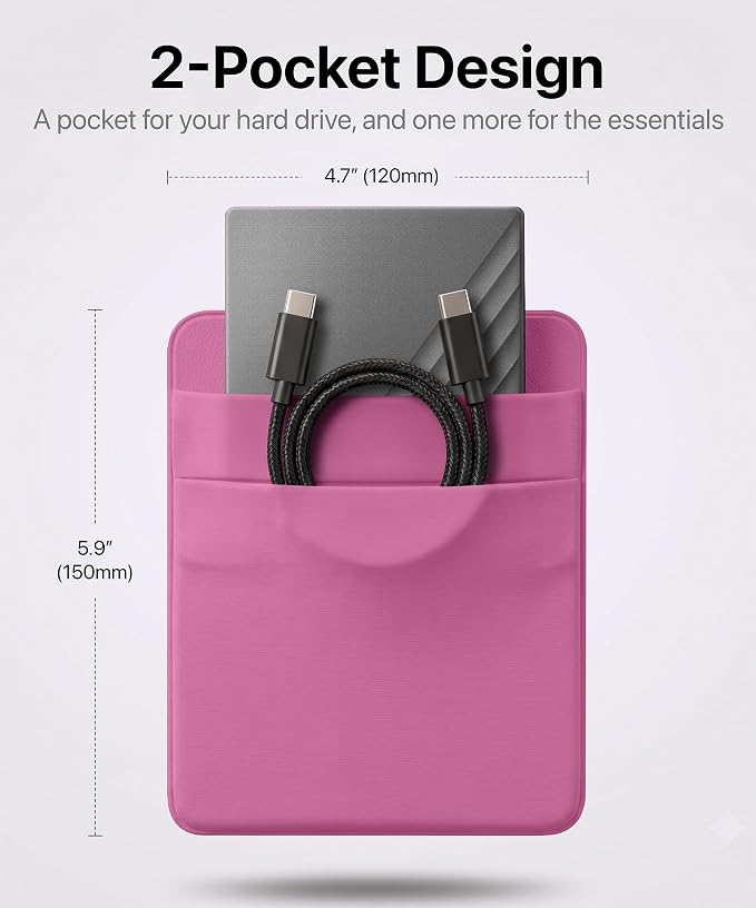 2-Pocket SSD & Hard Drive Holder for Laptop, Reusable 3M Adhesive | Stick-On Sleeve for 2.5-Inch External HDDs & SSDs | 5.9 x 4.7-Inch Pouch | Separate Pocket for Cables | Built-In Safety Strap - Image 2