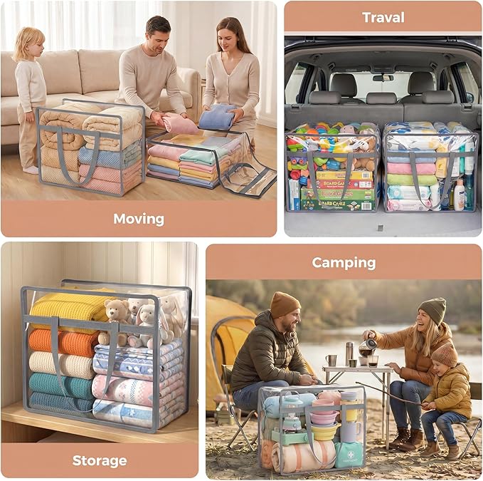 6 Pack Clear Storage Bags for Clothes, 45L Closet Organizers and Storage | Plastic storage with zipper and handle, moving bags, under-bed storage, closet organizer for blankets, comforters, toys - Image 6