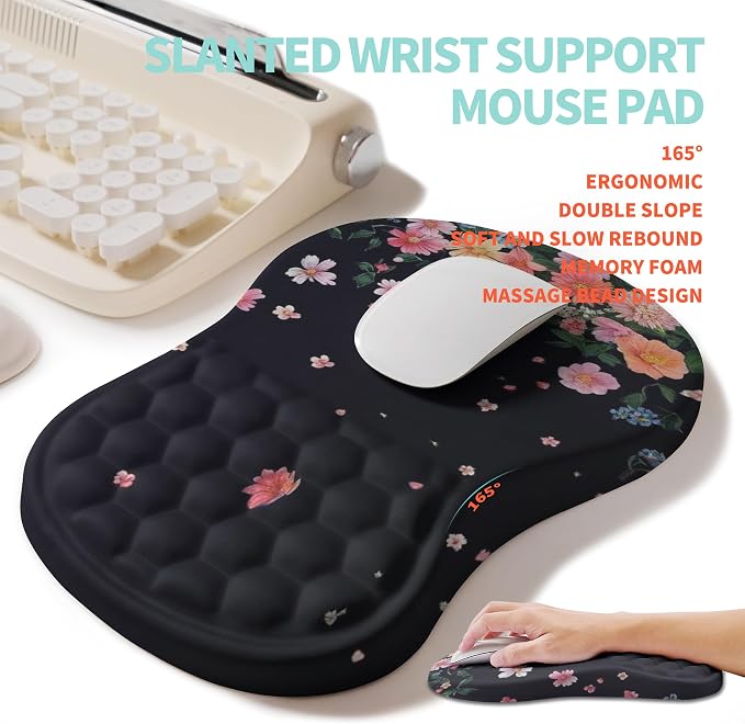 2-in-1 Ergonomic Set, Wave Rise Keyboard Wrist Rest and Massage Bulge Slope Mouse Pad Wrist Support, Cushion Memory Foam Integrated to Relieve Wrist Pain, Flower Dance - Image 3