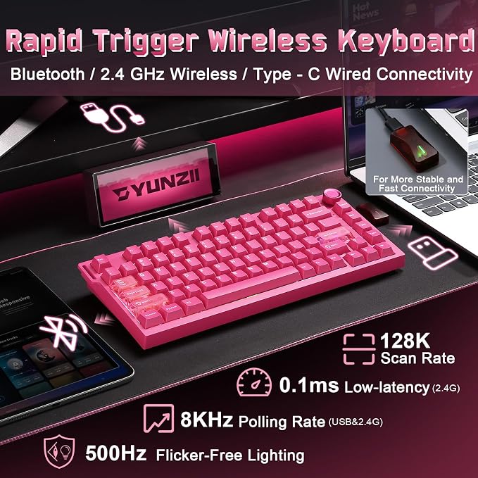 YUNZII RT75 PRO Dual 8K Wireless Gaming Keyboard (Pink,Red Switch) | Hall Effect Magnetic Switches & 128KHz Scan Rate,BT/USB-C/2.4G, RGB, Hot-Swappable, CustomizableTGL/SOCD/DKS/MT for Gamers - Image 3