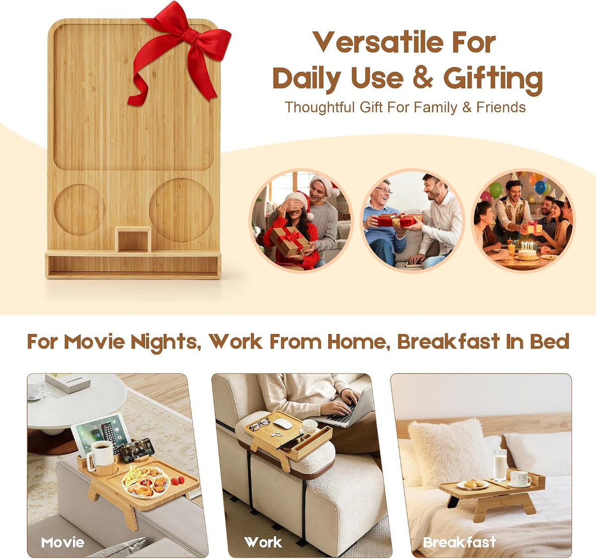 Couch Arm Tray with Cup Holder, Non-Slip(Natural Bamboo ) - Image 6