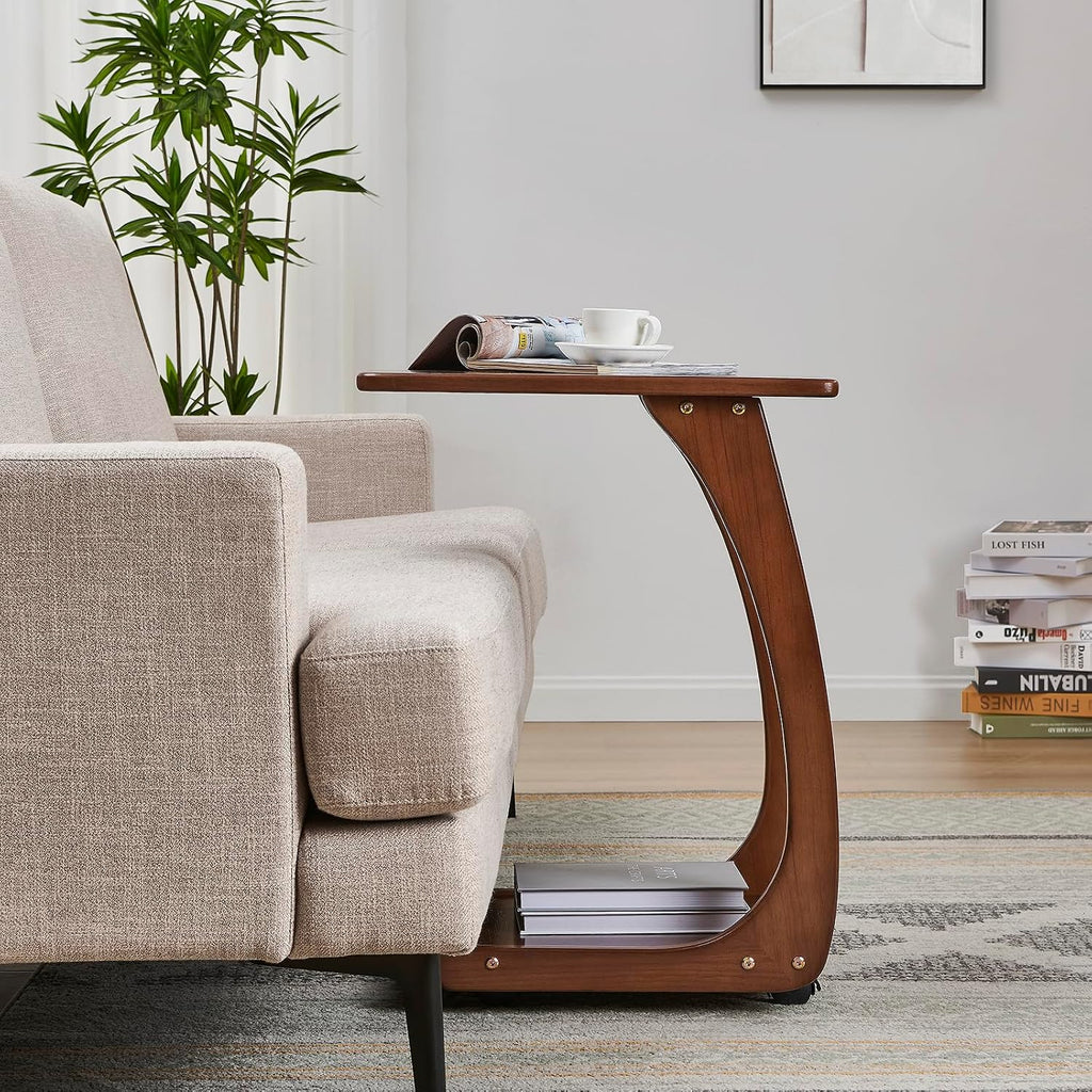 Solid Wood C Shaped End Table with Wheels,Walnut Color(15.7" W) - Image 6