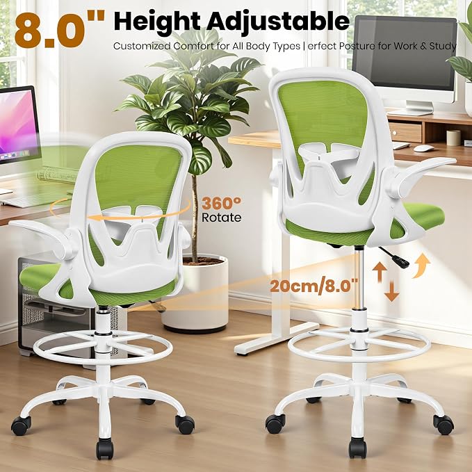 Drafting Chair Tall Office Chair with Flip-up Armrests Executive Ergonomic Computer Standing Desk Chair with Lumbar Support and Adjustable Footrest Ring (Green) - Image 7