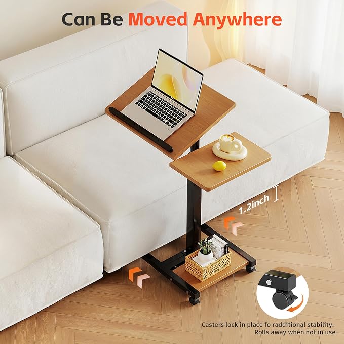 Laptop Desk Stand for Bed Portable Desk Overbed Bedside Mobile Laptop Table Rolling Foldable Table Adjustable Height with Locked Wheels & Mouse Pad for Office Sofa (Natural Color) - Image 3