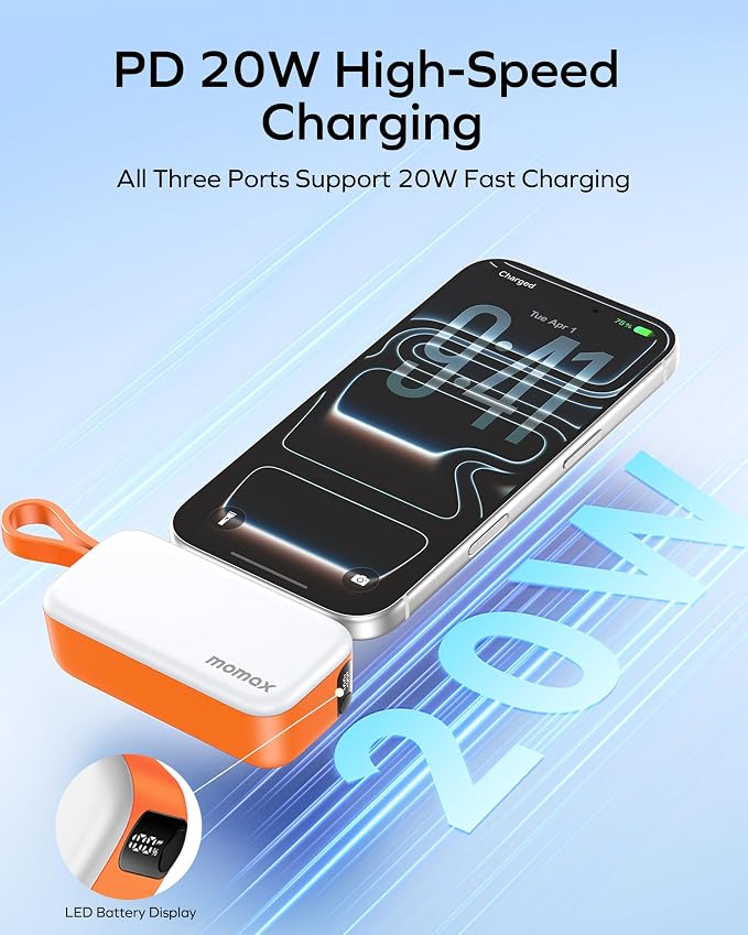 MOMAX Portable Charger 5000mAh Small Power Bank Wireless Portable Charger | PD 20W Fast Charging, 3 USB-C Port, LED Battery Display, Mini, Smart Temperature Control for iPhone 17 16 15 Pro Max, Orange - Image 4
