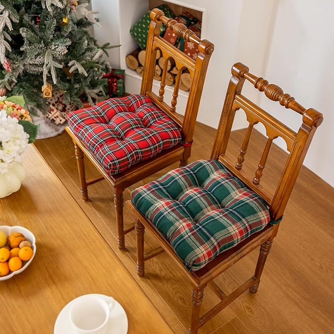 vctops Christmas Green Tartan Chair Cushions with Ties (Pattern G,16"x16") | Soft Comfortable U-Shaped Chair Pads Non Slip Seat Cushions for Indoor Dining Room and Kitchen Chairs - Image 5