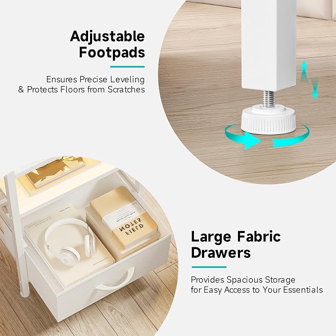 Lazzanto Nightstand with Rear Charging Station, LED Light, 2 Drawers, White | Industrial Nightstand, 2 USB-A Ports & AC Outlets, Raised Back Guard, Fabric Storage Drawers, Bedside Table for Bedroom, Dorm - Image 6