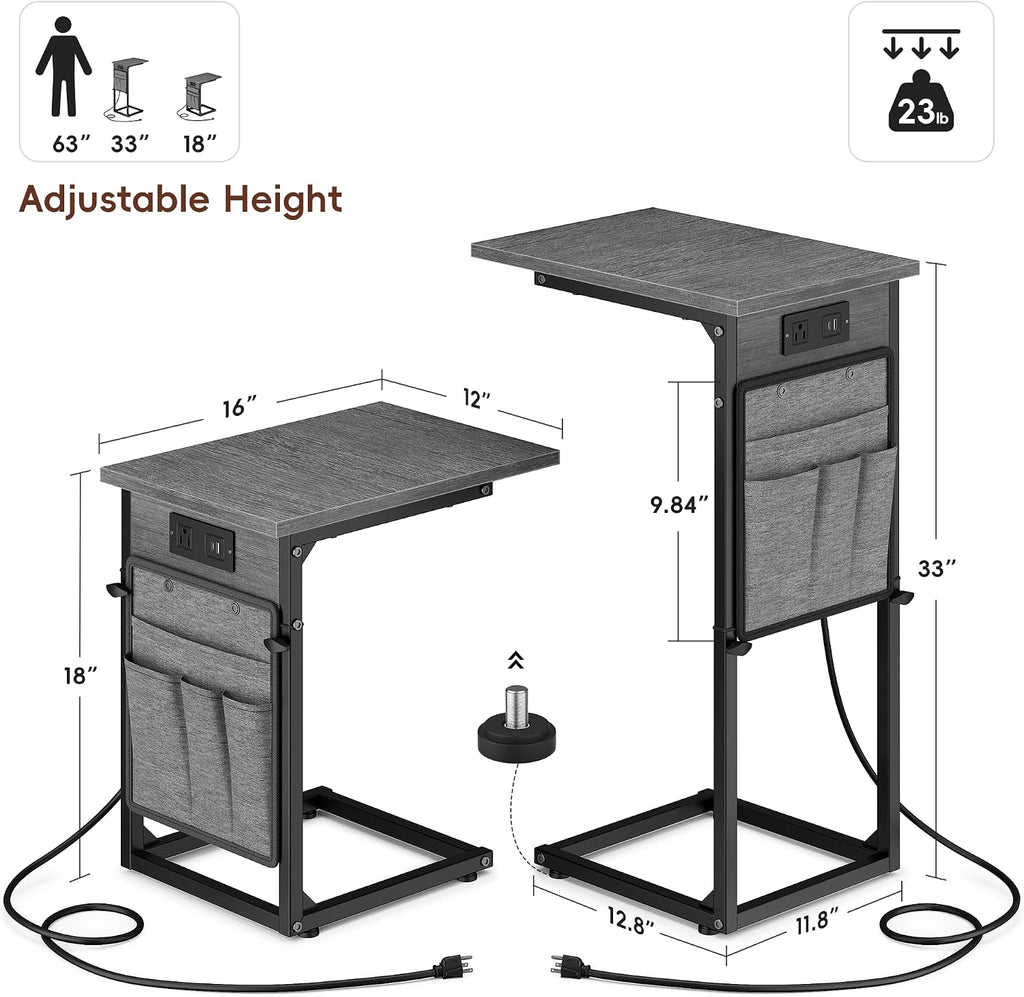 C Shaped End Table with Charging Station, C Table End Table Adjustable Height, Small Side Table for Couch, Sofa Table Slide Under Couch TV Tray Arm Table for Living Room, Bedroom, Gray Walnut - Image 2
