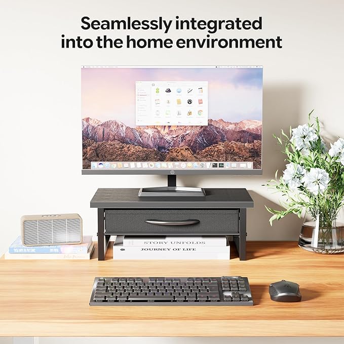 Ekisemio 2-Tier Monitor Stand with Fabric Drawer – Wood and Metal Computer Riser, Desk Organizer for Office, Black - Image 4