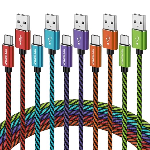 Teyssor USB C Cable 10FT 5-Pack Nylon Braided USB A to Type C Fast Charging Cord Compatible with Samsung Galaxy S24 S23 S22, Note 20 10 9 8, Moto G7 G8 by Teyssor