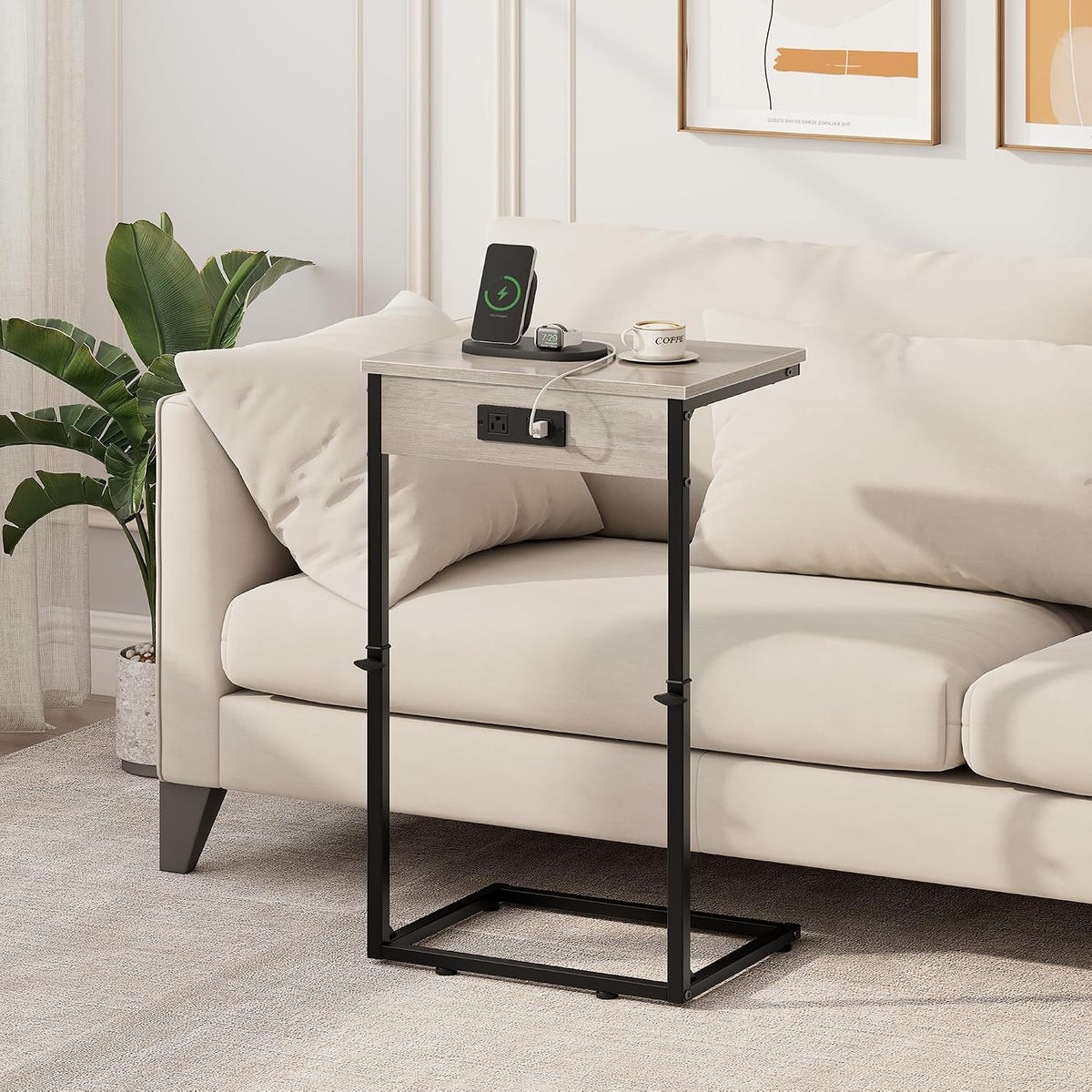 C Shaped End Tables Set of 2 with Charging Station, 33.2'' Tall C Table Adjustable Height Side Table, Small Side Table for Small Spaces, Couch Sofa Table TV Tray for Living Room, Greige - Image 5