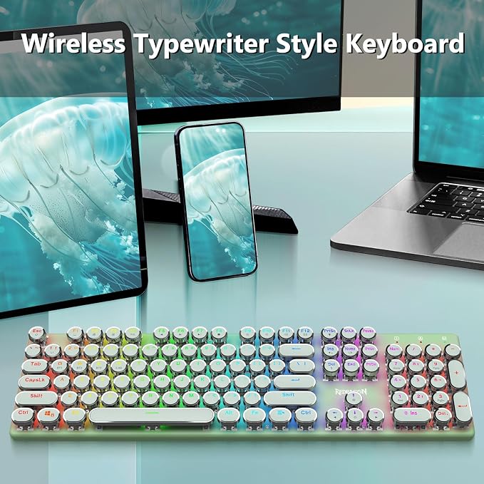 Redragon K710 Wireless Typewriter Mechanical Gaming Keyboard, Green | Bluetooth/2.4Ghz/Wired, RGB Led Backlit, Blue Switch - Clicky, Rechargeable 4000mAh, Solid Metal Panel, Round Keycaps - Image 9