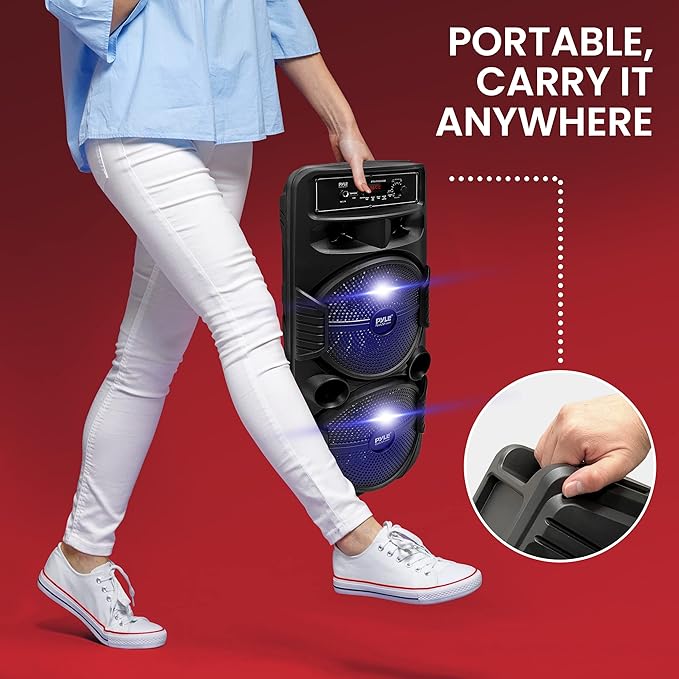 Pyle Portable Bluetooth PA Speaker System - 600W Rechargeable Outdoor Bluetooth Speaker Portable PA System w/ Dual 8” Subwoofer 1” Tweeter, Microphone In, Party Lights, USB, Radio, Remote - PPHP2835B - Image 6