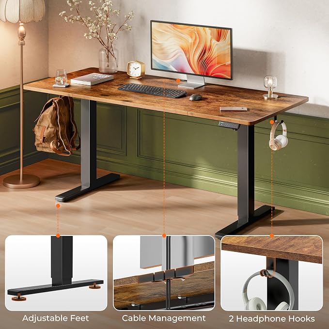 Huuger 63 x 28 Large Electric Standing Desk, Height Adjustable Computer Desk, 27.6" Deep Desktop, Stand up Gaming Office Table with 2 Hooks, 3 Preset Heights, for Home Office, Rustic Brown, 7021Z-1 - Image 7