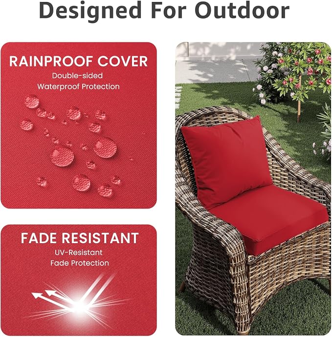 PatioGlow Outdoor Chair Cushions 20 x 20 x 3 Inch, Waterproof & Fade Resistant Patio Seat Cushion for Furniture with Handle and Ties, Thick Seating Pads for Outside Sofa Couch Set of 2, Red - Image 3