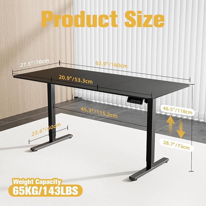 63"x28" Standing Desk, Height Adjustable Sit-Stand Home Office, Black | Electric Adjustable Standing Desk, Sit to Stand Computer Office Desk with Splice Board, Memory Preset, Lifts 28.7''-46.5" - Image 3