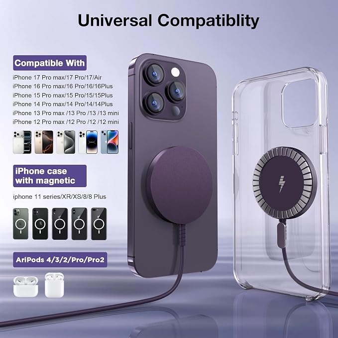 Magnetic Wireless Charger for iPhone: Compatible with Magsafe Charger iPhone 17 16 15 14 13 12 Series & Airpods 4 3 2 Pro-Fast 15W Max Charging Pad Strong Magnet, Dual USB-C/A Ports-Home Office Travel - Image 2