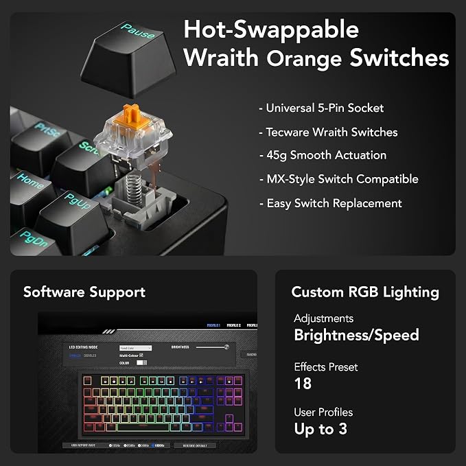 TECWARE Phantom+ Elite TKL 87 Key RGB Mechanical Gaming Keyboard | Wireless Bluetooth 5.0 2.4GHz USB C Wired | Hot Swappable 5 Pin | Double Shot PBT Keycaps | Creamy Wraith Orange Linear Switch, Black - Image 5