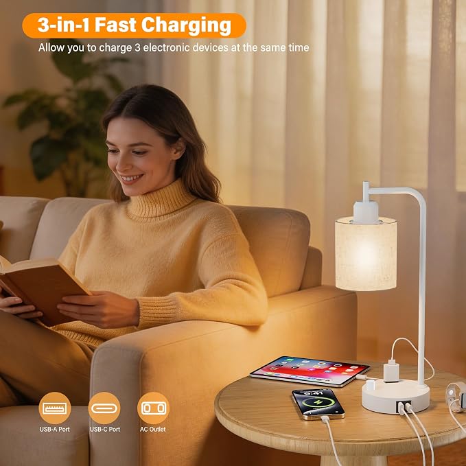 Industrial Table Lamps with Linen Shade, Set of 2 Fully Dimmable Bedside Lamps with USB A+C Ports and Outlet, White Nightstand Desk Lamps for Bedrooms Living Room Office, 2 LED Bulbs Included - Image 5