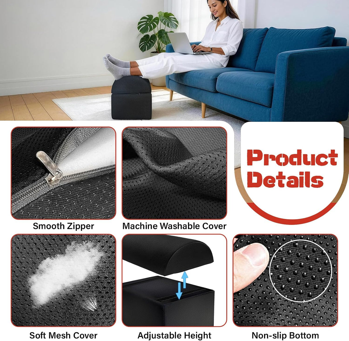 Adjustable Footrest for Under Desk at Work Ergonomic Foot Rest with 3 Adjustable Height Foot Stool for Under Desk Office Footrests with Removable Washable Mesh Cover, Black - Image 3