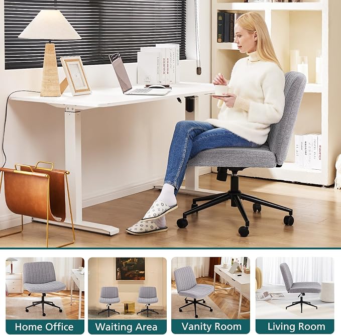 OLIXIS Criss Cross Chair with Wheels, Vanity Chair, Home Office Desk | Wide Seat Armless, Comfy Fabric, Height Adjustable Swivel Rolling, Home Computer Task Seating for Bedroom Study, Grey Fabric - Image 8