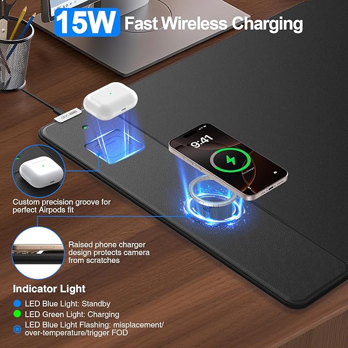 Magnetic Wireless Charging Mouse Pad, 31.5"x15.8", with 20W Adapter, Black | Large Gaming Desk Mat for Keyboard/Laptop, Non-Slip Base, Waterproof Ultra-Smooth Surface Mousepad for Gamer, Office & Home - Image 2