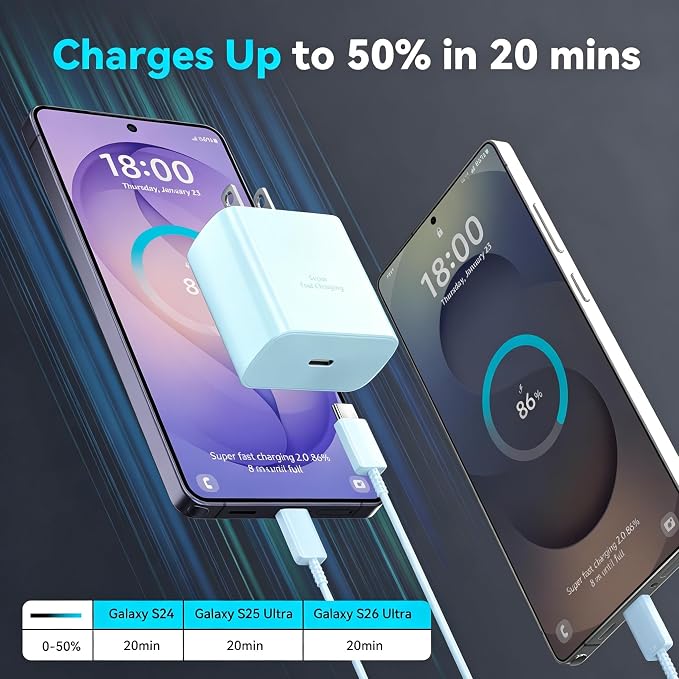 45W Super Fast Charger USB C Android Phone Type C Charger Fast Charging Block with 10FT Cord for Samsung Galaxy S26/S26 Ultra/S26+/S25 Ultra/S25/S24 Ultra/S24/S23 Ultra/S22/S21/S20/Note 10, Blue - Image 3