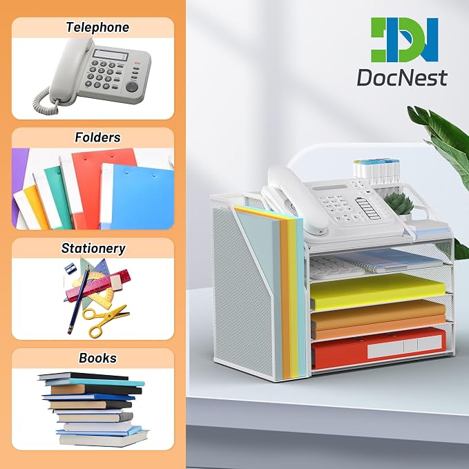 DocNest 5 Tier Metal Mesh Desk File Organizer with Phone Shelf, White | Desktop letter tray sorter features a 9.1x9.1 inch top phone holder, built-in sticky note compartment and pen holder - Image 7