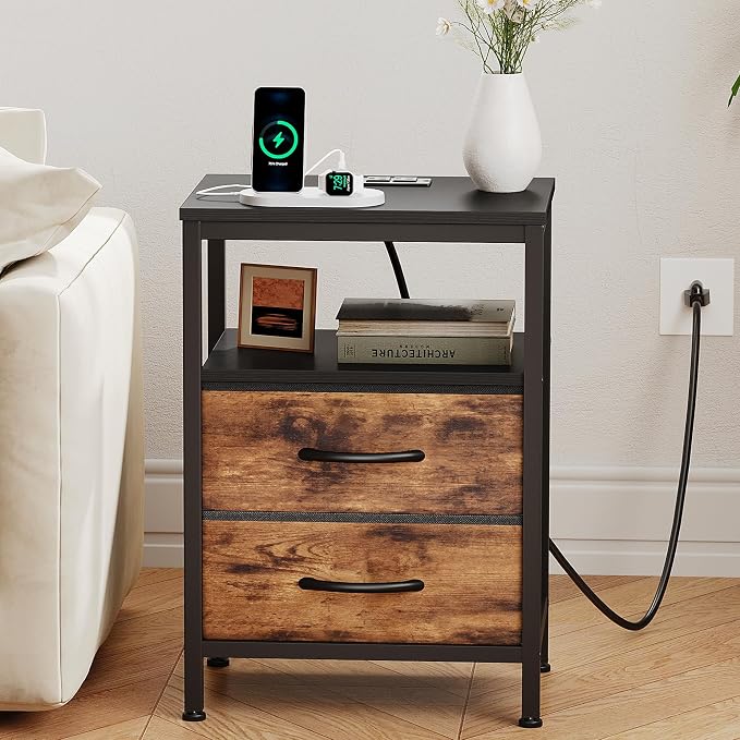 OLIXIS Nightstand with Charging Station, Beside Table with Fabric Drawers | 3-Tier End Table with Storage Shelf, Night Stand with USB Ports and Outlets for Bedroom, Rustic Brown and Black - Image 2