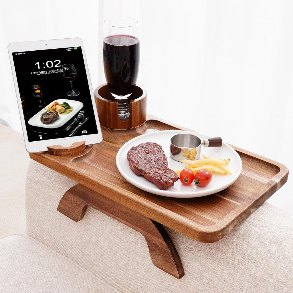 Nnewvante 2 Pack Couch Armrest Table, Acacia Wood Sofa Arm Clip On Tray - Image 5