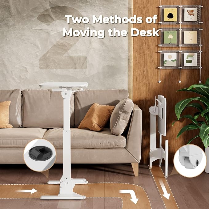 JOY worker Foldable Mobile Standing Desk, 180° Tilt Overbed Bedside Table | Height Adjustable, 31.5" White MDF Top with Lips, Collapsible Top & Base for Storage, Poratble Laptop Desk for Home Hospital - Image 7