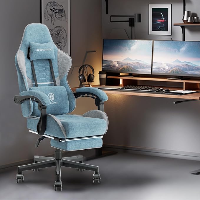 Dowinx Gaming Chair Fabric with Pocket Spring Cushion, Massage Game Chair Cloth with Headrest, Ergonomic Computer Chair with Footrest 290LBS, Blue and Grey - Image 2