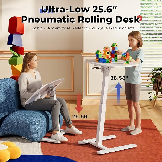 JOY worker Low Height Small Mobile Standing Desk, 90° Foldable Laptop Desk | Height Adjustable TV Tray Table, 21.65" White MDF Tilt Board, Portable Desk with Low Base & Hidden Wheels, Couch Sitting Use - Image 3