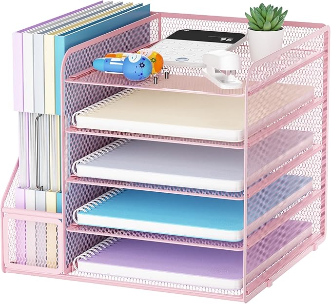 Marbrasse Desk Organizers and Accessories, 5-Tier Paper Letter Tray Organizer with File Holder, Mesh File Organizer, Office Desk Accessories & Organization for Supplies (Pink) by Marbrasse