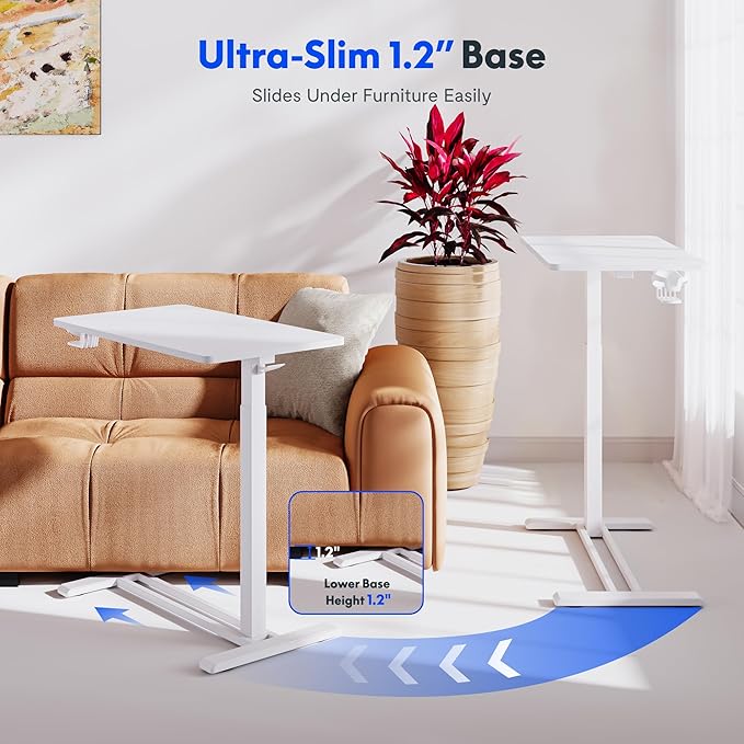 FLEXISPOT H7 28" Pneumatic Height-Adjustable Overbed Table with Wheels | C-shaped bedside table,Medical End Table,Rolling Cart TV Tray,Laptop desk for Hospital Home office use,27.6"Wx15.7"D,White - Image 9