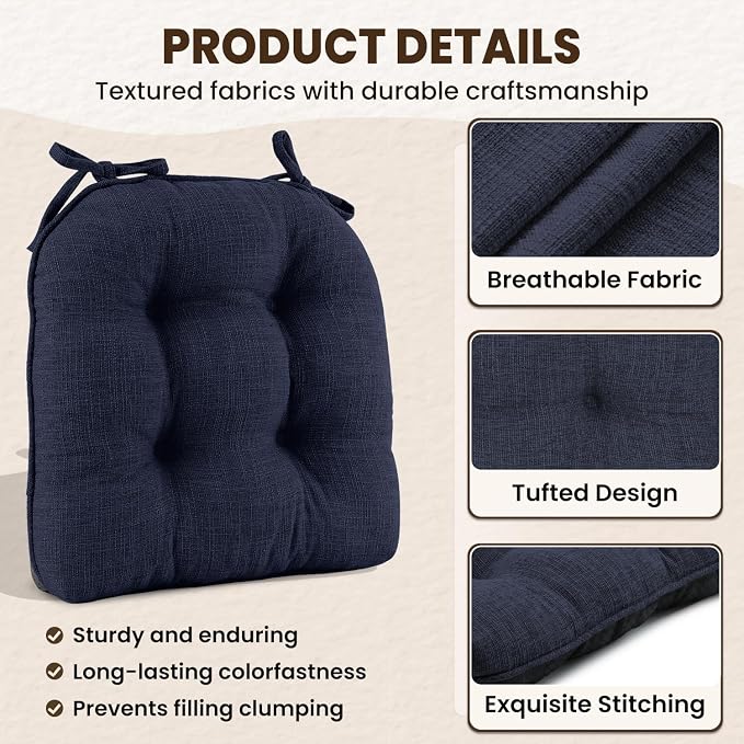 downluxe Indoor Chair Cushions for Dining Chairs, Tufted Overstuffed Textured Foam Kitchen Chair Pads with Ties and Non-Slip Backing, 15.5" x 15.5" x 4", Navy, 4 Pack - Image 5