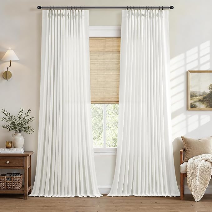 Hokibero Ivory Pinch Pleated Linen Curtains 120 Inch Long for Living Room | White Light Filtering Semi Sheer Curtain,Back Tab Hooks Rings,Farmhouse Textured Privacy Drapes for Bedroom Window,2 Panels by Hokibero