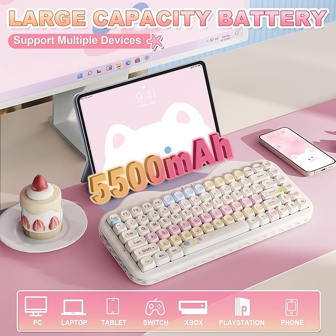 YUNZII C75 Cute 75% Wireless Mechanical Keyboard (Beige, Milk Switch) | Creamy Cake Keyboard, BT5.0/2.4G/USB-C, Hot-Swap, NKRO, PBT MOA Keycaps,5500mAh RGB Gasket Mount for Mac/Win/Gaming/Office - Image 6