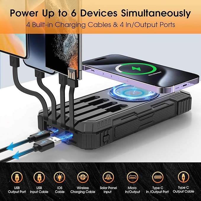 BLASOUL Solar Power Bank,49800mAh Wireless Portable Phone Charger with 4 Built-in Cables,22.5W Fast Charging USB-C in/Output External Battery Pack for iPhone,Android,Perfect for Hiking/Camping - Image 4
