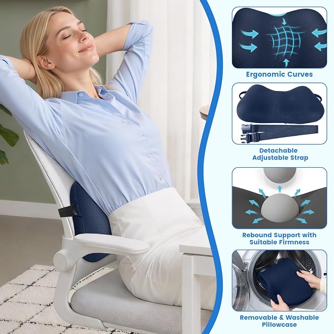 Lumbar Support Pillow, Memory Foam Back Cushion for Office Chair Car, Blue | Ergonomic Lower Back Support with Adjustable Strap, Breathable Removable Cover for Couch, Wheelchair and Daily Comfort - Image 3