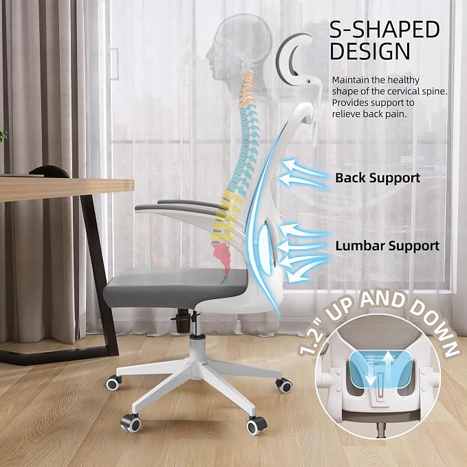 Monhey Office Chairs, Ergonomic Office Chair, Computer Chair with Adjustable Headrest, Lumbar Support, 2D Armrest, Metal Base and Iron Legs, White Frame Grey Mesh Office Chair - Image 5