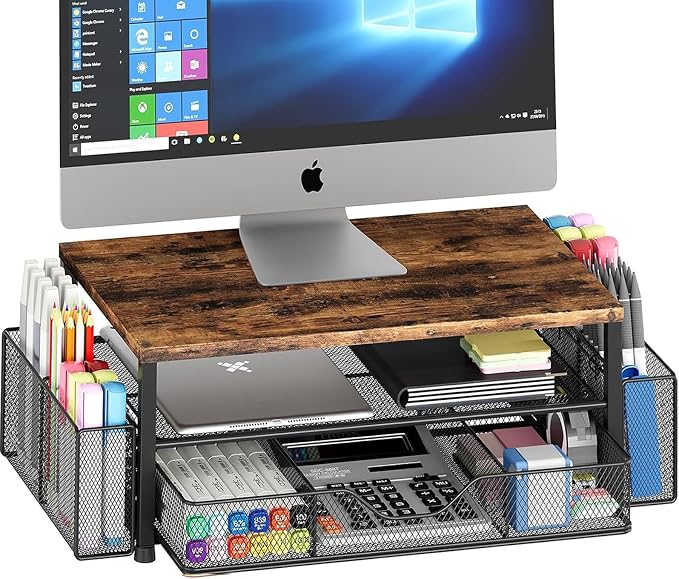 Desk Organizer and Accessories, 2-Tier Computer Monitor Stand Riser with Drawer and 2 Pen Holders, Laptop Stand, Office Desk Accessories for Office Supplies, 1 Pack, Brown by OPNICE